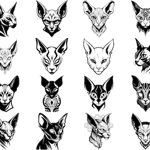 Puede incluir: Una colección de 16 ilustraciones en blanco y negro de gatos Sphynx en varias poses. Los gatos están representados con una apariencia lisa y sin pelo y rasgos expresivos.