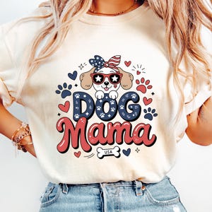 Dog Mama USA PNG | Patriotic Pup Sublimation Design with Red White Blue Hearts, Sunglasses & Bandana for 4th of July Shirts
