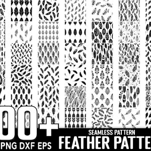 以下が含まれることがあります： 白黒の羽根模様100種類以上。シームレスなパターンは、生地、壁紙、デジタルデザインなど、さまざまなプロジェクトに使用できます。パターンはSVG、PNG、DXF、EPS形式で入手できます。