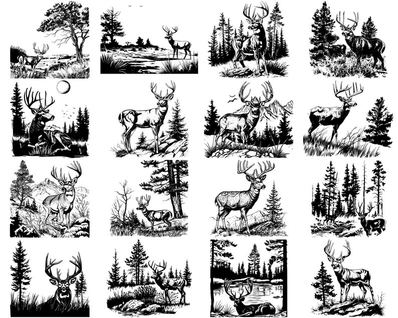 Puede incluir: Una colecci&oacute;n de ilustraciones en blanco y negro que representan ciervos en varios entornos forestales. Los ciervos se representan en una variedad de poses, incluyendo de pie, caminando y corriendo. Las ilustraciones son detalladas y realistas, capturando la belleza y la gracia de estos animales.
