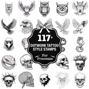 Könnte beinhalten: Eine Sammlung von 117+ Dotwork-Tattoo-Stil-Stempeln für Procreate. Das Bild zeigt verschiedene Schwarz-Weiß-Illustrationen von Eulen, Vögeln, Schlangen, Totenköpfen und einem Drachen. Die zentrale Grafik hat einen schwarzen Hintergrund mit weißem Text.