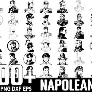 Pode incluir: Uma coleção de mais de 100 imagens em silhueta em preto e branco de Napoleão Bonaparte em várias poses e uniformes. As imagens estão em formato circular e estão dispostas em uma grade. O texto "100+ NAPOLEON SVG PNG DXF EPS" está na parte inferior da imagem.