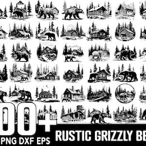100+ rustieke hut Grizzly Bear SVG-bundel, instant digitale download, PNG, SVG-bestanden knippen