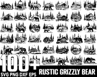 Pakiet ponad 100 rustykalnych obrazków Grizzly Bear SVG, natychmiastowe pobranie cyfrowe, pliki PNG i SVG do cięcia