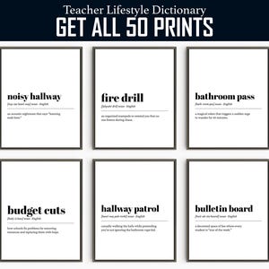 May include: Six black and white printable posters with humorous definitions of common teacher phrases, such as "noisy hallway", "fire drill", "bathroom pass", "budget cuts", "hallway patrol", and "bulletin board".