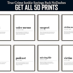 Op de afbeelding: Acht ingelijste prints met zwarte frames en witte achtergronden. Elke print bevat een woord in vette zwarte tekst, zoals "voice memo" of "podcast", met een definitie eronder. De tekst "GET ALL 50 PRINTS" staat bovenaan.