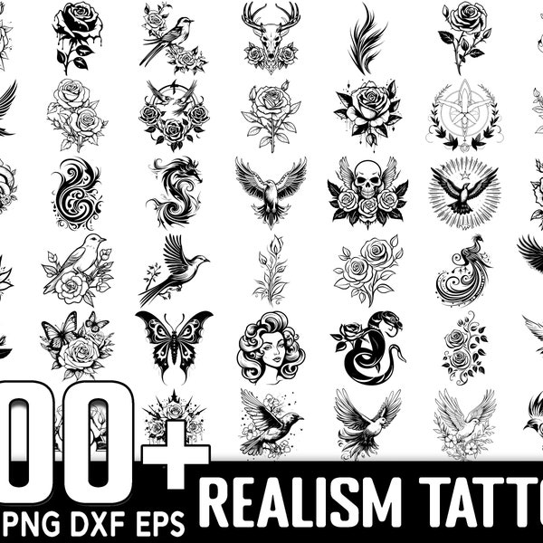 100 + Realismus Tattoo SVG-Bundle, sofortiger digitaler Download, PNG, SVG-Schnittdateien