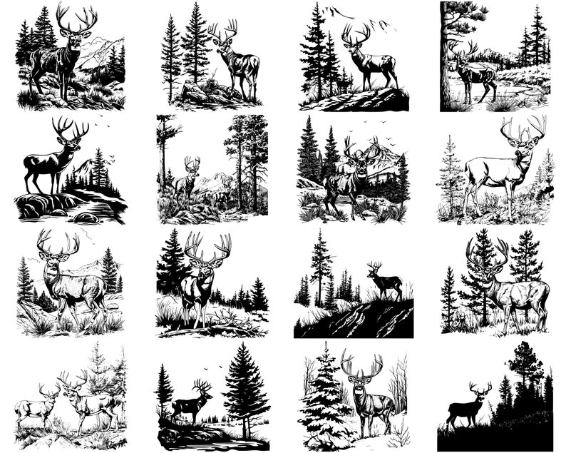 Puede incluir: Una colecci&oacute;n de 12 ilustraciones en blanco y negro que representan ciervos en diferentes entornos forestales. Cada imagen representa un ciervo de pie en un bosque con &aacute;rboles y follaje.