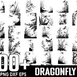 May include: A set of 100+ black and white SVG, PNG, DXF, and EPS digital files featuring dragonfly designs. The designs include dragonflies in various poses and surrounded by different types of foliage.