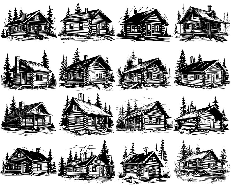 May include: A collection of twelve black and white illustrations of log cabins in a forest setting. Each cabin is drawn in a rustic style with details like windows, doors, and chimneys.