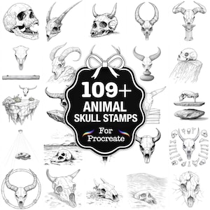 Puede incluir: Una colección de sellos de calaveras de animales en blanco y negro para Procreate. La imagen presenta varias ilustraciones de calaveras, incluyendo calaveras con cuernos y diferentes formas. El gráfico central dice "109+ Animal Skull Stamps".