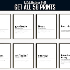 Könnte beinhalten: Acht schwarz-weiße druckbare Wandbilder mit motivierenden Wörtern und ihren Definitionen. Die Wörter sind hustle, Dankbarkeit, Fokus, innere Stärke, Ehrgeiz, Selbstvertrauen, Mut und bewusstes Leben.