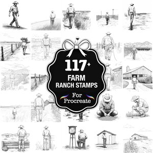 Puede incluir: Un conjunto de 117+ sellos de granja y rancho para Procreate, con ilustraciones en blanco y negro de vaqueros, paisajes rurales y edificios de granja. Las imágenes incluyen vaqueros caminando, trabajando e interactuando con el entorno.