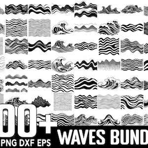 Pode incluir: Uma coleção de mais de 100 designs de ondas em preto e branco. Os designs incluem vários estilos de ondas, desde linhas simples até padrões mais complexos. O texto "100+ WAVES BUNDLE" está na parte inferior da imagem. O texto "SVG PNG DXF EPS" está na parte inferior da imagem.