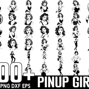 May include: A collection of 100+ black and white pinup girl illustrations. The illustrations feature women in various poses and outfits, including dresses, skirts, and pants. The illustrations are perfect for use in digital and physical crafts.