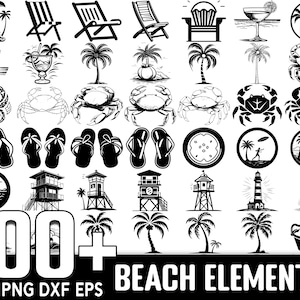 Op de afbeelding: Een zwart-witte vectorillustratie set van 100+ strand elementen. De set bevat afbeeldingen van strandstoelen, palmbomen, slippers, krabben, vuurtorens, reddingstorens en meer.
