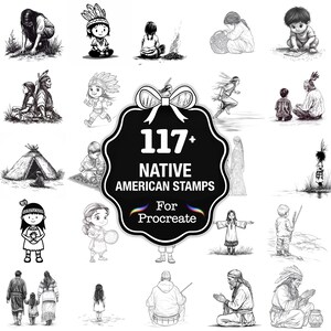 May include: A collection of 117+ Native American stamps for Procreate, featuring various illustrations of Native American people and cultural elements. The images are in black and white.