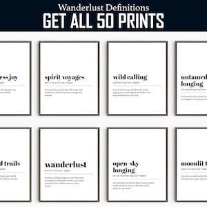 Definities van Wanderlust | 60 positieve afdrukken | Reiskunst aan de muur | Afdrukbare avonturencitaten | Definitieposterset