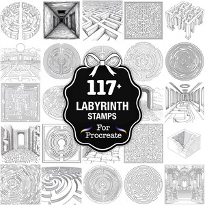 May include: A collection of black and white labyrinth stamps for Procreate. The image features various maze designs, including circular, square, and architectural layouts. A central label reads "117+ Labyrinth Stamps For Procreate."