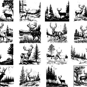 Puede incluir: Una colecci&oacute;n de 12 ilustraciones en blanco y negro que representan ciervos en varias poses y entornos. Los ciervos se representan en un entorno boscoso con &aacute;rboles y follaje.