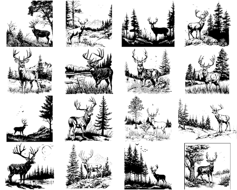 Puede incluir: Una colecci&oacute;n de 12 ilustraciones en blanco y negro que representan ciervos en varias poses y entornos. Los ciervos se representan en un entorno boscoso con &aacute;rboles y follaje.