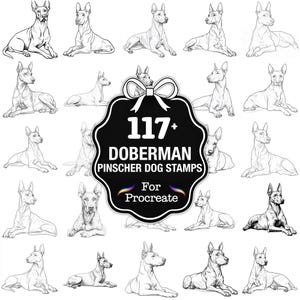 May include: A collection of 117+ Doberman Pinscher dog stamps for Procreate. The image features multiple line art illustrations of Doberman Pinschers in various poses, with a central black and white graphic that includes the text "117+ Doberman Pinscher Dog Stamps For Procreate."