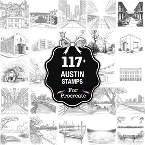 May include: A collection of 117+ Austin stamps for Procreate, featuring detailed black and white illustrations of cityscapes, buildings, and landscapes. The images include architectural sketches, bridges, and waterfront scenes, perfect for digital art projects.