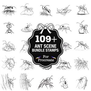 Könnte beinhalten: Eine Sammlung von 109+ Ameisenszenen-Bundle-Stempeln für Procreate. Die Schwarz-Weiß-Illustrationen zeigen Ameisen in verschiedenen Posen und Umgebungen, wie z. B. beim Tragen von Gegenständen, auf Blättern und in der Nähe von Wurzeln.