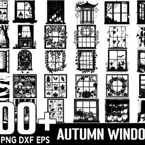 May include: A set of 100+ black and white autumn window silhouette SVG cut files. The images feature various window designs with fall themes, including pumpkins, leaves, wreaths, and more.