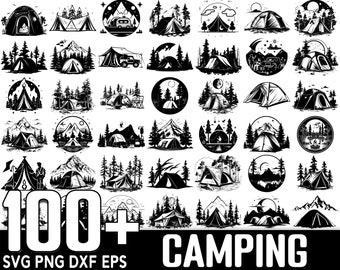 May include: A collection of 100+ black and white camping themed SVG, PNG, DXF, and EPS digital files. The images feature various camping scenes, including tents, mountains, trees, and campfires.