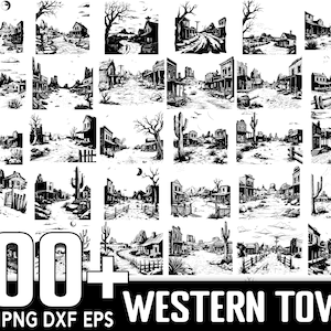 May include: A collection of 100+ black and white illustrations of a western town. The illustrations feature buildings, cacti, and other western-themed elements. The illustrations are perfect for use in scrapbooking, card making, and other crafting projects.