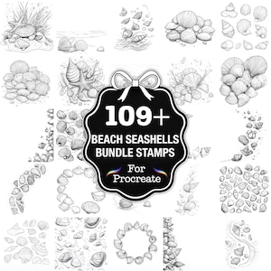 May include: Black and white illustrations of seashells and starfish. The image includes a variety of shell types and arrangements, with a central graphic that reads "109+ Beach Seashells Bundle Stamps For Procreate."