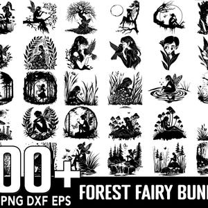 May include: A collection of 100+ black and white forest fairy designs in SVG, PNG, DXF, and EPS formats. The illustrations depict fairies in various forest settings, including trees, mushrooms, and water features. The text "FOREST FAIRY BUNDLE" is also included.