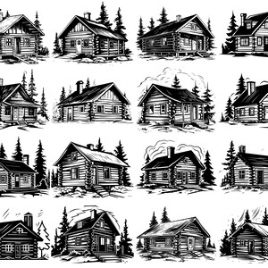 May include: A collection of 12 black and white illustrations of log cabins in a variety of styles, each with a chimney and surrounded by trees.