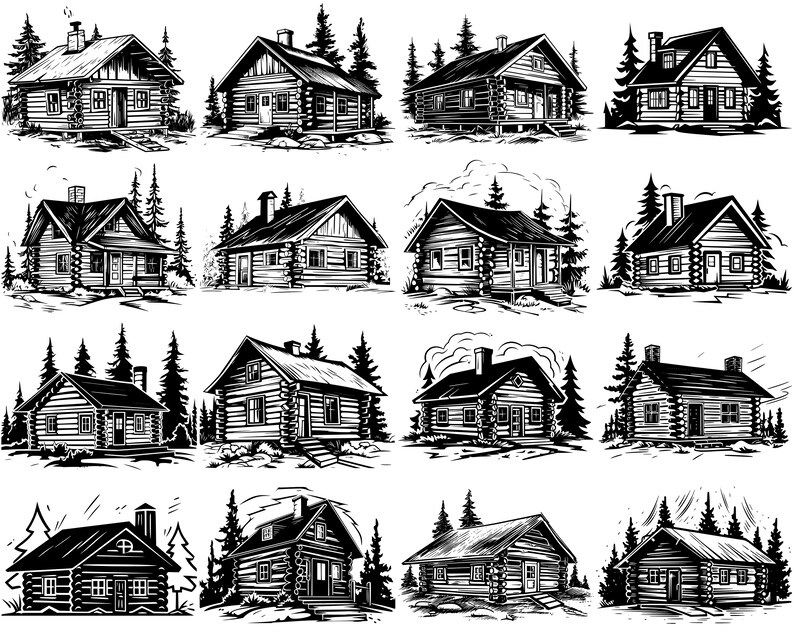 May include: A collection of 12 black and white illustrations of log cabins in a variety of styles, each with a chimney and surrounded by trees.