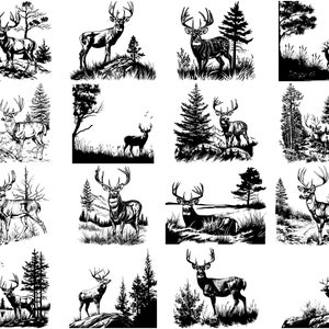 Puede incluir: Una colecci&oacute;n de ilustraciones en blanco y negro que representan ciervos en varias poses y entornos. Los ciervos se representan en un entorno boscoso con &aacute;rboles y follaje.
