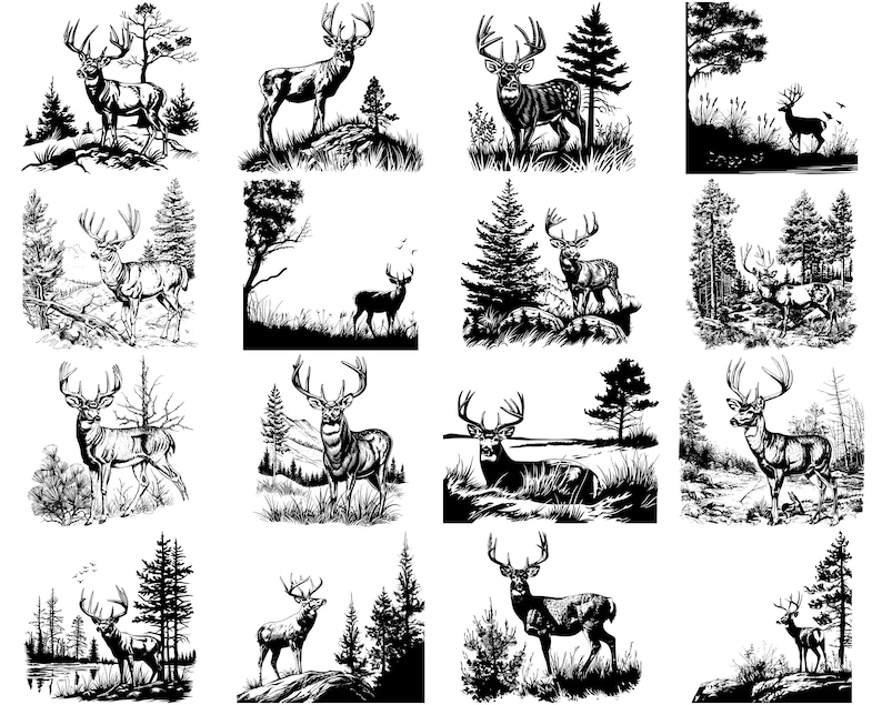 Puede incluir: Una colecci&oacute;n de ilustraciones en blanco y negro que representan ciervos en varias poses y entornos. Los ciervos se representan en un entorno boscoso con &aacute;rboles y follaje.