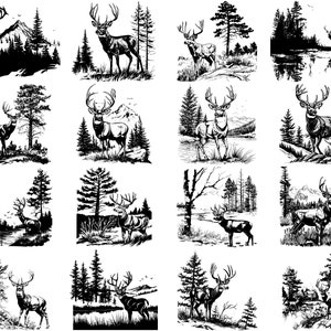 Puede incluir: Una colecci&oacute;n de 12 ilustraciones en blanco y negro con ciervos en varios entornos forestales. Cada imagen representa un ciervo de pie en un bosque con &aacute;rboles y monta&ntilde;as en el fondo.