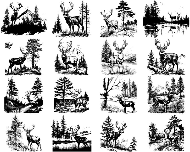 Puede incluir: Una colecci&oacute;n de 12 ilustraciones en blanco y negro con ciervos en varios entornos forestales. Cada imagen representa un ciervo de pie en un bosque con &aacute;rboles y monta&ntilde;as en el fondo.