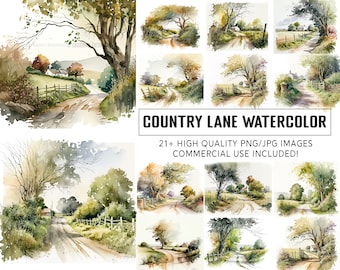 Set of 21, Country Lane Watercolor Clipart, Country Lane Clip Art, Country Lane png, Instant Digital Download
