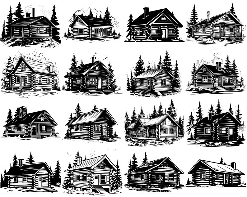 May include: A collection of 12 black and white illustrations of log cabins in a forest setting. Each cabin has a unique design and is surrounded by trees.