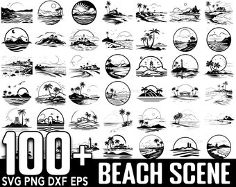 100 + Strandszene SVG-Bundle, sofortiger digitaler Download, PNG, SVG-Schnittdateien