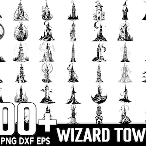 May include: A collection of 100+ black and white vector illustrations of wizard towers. The illustrations are in a variety of styles, including simple, detailed, and whimsical.  SVG PNG DXF EPS.