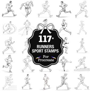 May include: Black and white illustrations of runners in various poses. The image includes a central graphic that reads "117+ RUNNERS SPORT STAMPS For Procreate."