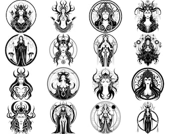 May include: A set of 16 black and white illustrations featuring a variety of female figures with intricate details and symbolic elements. Each figure is depicted within a circular frame, creating a cohesive and visually appealing collection.