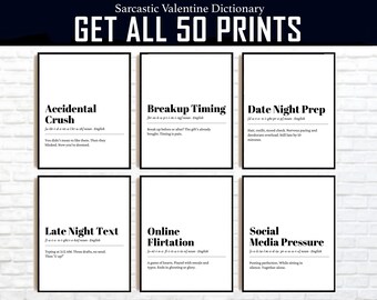 Sarcastic Valentine Dictionary Prints: 50 Funny Anti-Love Posters (Digital Download)