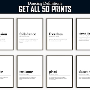 Definições de dança | 60 impressões engraçadas | Arte de parede para amantes da dança | Citações de dança para imprimir | Conjunto de pôsteres de definições