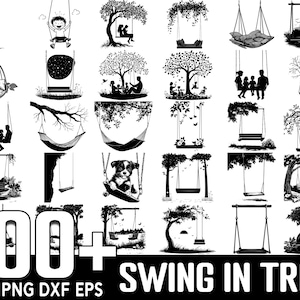 May include: A collection of 100+ black and white illustrations of swings hanging from trees. The illustrations are in a variety of styles, some are simple and some are more detailed. The text "100+ SWING IN TREE SVG PNG DXF EPS" is at the bottom of the image.
