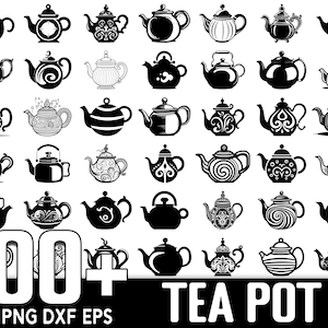 Może przedstawiać: Kolekcja ponad 100 czarno-białych sylwetkowych obrazów czajników w różnych stylach. Obrazy idealnie nadają się do prac ręcznych, scrapbookingu i projektów graficznych.  SVG PNG DXF EPS.