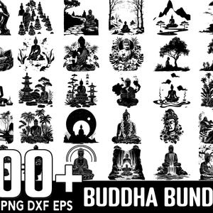 May include: A collection of 100+ black and white vector illustrations of Buddha in various poses and settings. The illustrations are perfect for creating digital or physical products such as t-shirts, mugs, phone cases, stickers, and more.